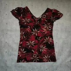 リーフ柄 Vネック カットソー レトロ Y2K ボタニカル リゾート フラダンス
