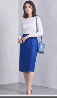 美品　ユナイテッドアローズ　ウールラップスカート　膝丈　タイト　ブルー　青