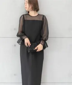 シアー ボリューム袖 結婚式 パーティー ドレス お呼ばれワンピース