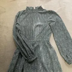 NICE CLAUP 秋冬 ワンピース 小花柄 ウエストゴム 古着 くすみブルー