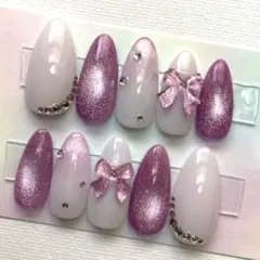 ネイルチップ ちゅるん キレイめ マグネット ピンク パープル リボン 透明感