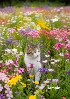 （223）猫 お花畑 デジタルイラスト aiイラスト リアル A4