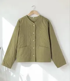 無印良品　カポック混二重ガーゼキルトジャケット　スモーキーグリーン.XL