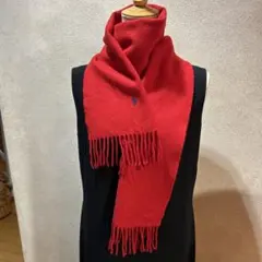 ポロラルフローレン、赤いウールマフラー フリンジ付き ポロ刺繍