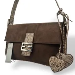 未使用保管 1689 ワンショルダーバッグ スエード パイソン型押し ブラウン