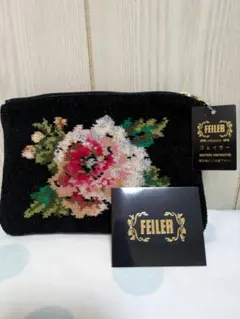 FEILER フラワー刺繍 ブラックポーチ
