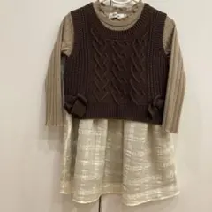 スラップスリップ ベスト付きワンピース ブラウン・オフホワイト