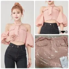 Darich♡ホルターネックオフショルツイードトップス♡ピンク