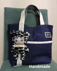 ネイビー デニム トートバッグ ポケット付き