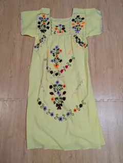 メキシコワンピース　イエロー 花柄刺繍 コットンワンピース