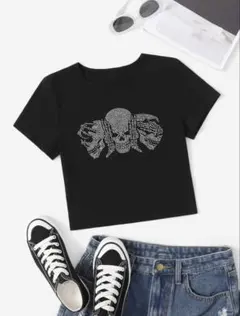 SHEIN ラインストーン スカル Tシャツ