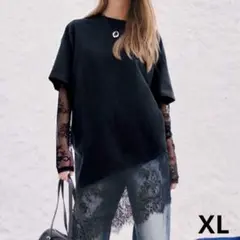 ダークグレー　半袖Tシャツ　袖レース　裾レース　ブラック　レイヤード　ＸＬ