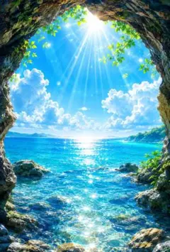 洞窟から見える海　青い海　夏　青空　太陽　さわやか　癒し　風景画　C181