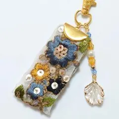 青×黄色　インド刺繍リボン　キーホルダーチャーム