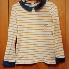 襟付き長袖カットソー 白/オレンジストライプ