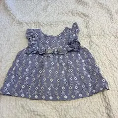 プティマイン　花柄　スカラップ刺繍　ブラウス　パープル　タッセル　フリル袖　80