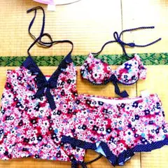 水着　花柄　レトロ　Lサイズ　ビキニ　キャミソール付き　体型カバー
