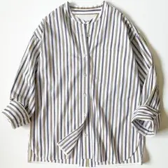 美品 ティッカ バンドカラーシャツ ワイドシャツ マルチストライプ ソメロス社