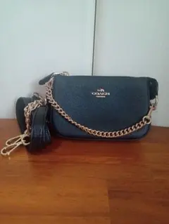 極美品☆COACHコーチ チェーン2wayショルダーバッグ シボ革 紺色グレー