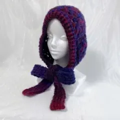 リボンバラボネット　赤×紫　編み物　ボンネット　バラクラバ　フード付きマフラー