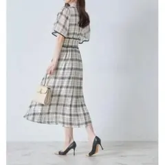 tocco closet　ボウタイリボン付きフレアスリーブチェックワンピース