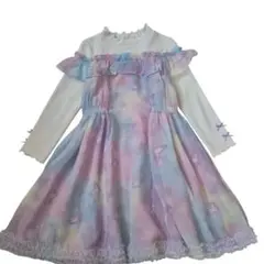 美品✨メゾピアノユニコーン ゆめかわ　総柄シフォンワンピース 秋冬　ピンク