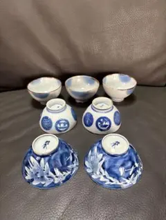 骨董品 古伊万里 山水人物画 手描き染付 ころ茶碗 玉子形湯呑茶碗 6客