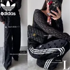新品L⭐️adidas サテン 水玉 ワイドレッグ パンツ ブラック ドット柄