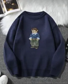 刺繍デザイン ネイビーブルー セーター