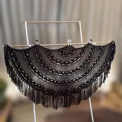 超大判ブラウンレース編みストール フリンジ付き