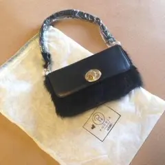 新品 ファー 2way クラッチ プードルプペ バッグ 革 レザー ミックス 黒