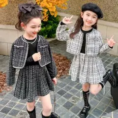 キッズ入学式スーツ2点セット小学校110卒園式ホワイト白ツイード女の子リボン韓国