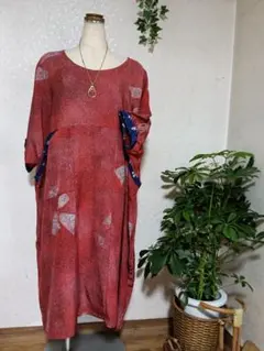 LL 浴衣リメイク 新品反物 赤地花模様フリル袖ゆったりワンピース