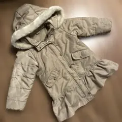 美品　プティマイン中綿ダウンコート　ベージュ フリル　フード　ボア　110