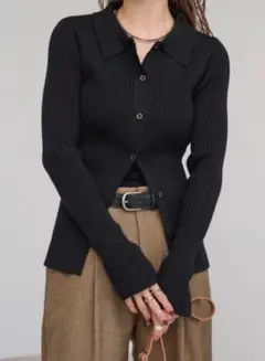 BONJOUR SAGAN 襟付きフレアスリーブリブニット