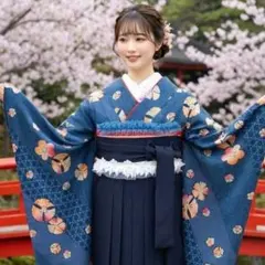 袴フルセット　小振袖　女性袴　花柄　ブルー　青　ネイビー　紺　卒業式　大学生