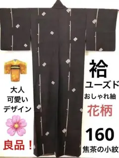 レディース着物　紬　小紋／袷　おしゃれ　焦茶色　縦縞と花　ユーズド良品