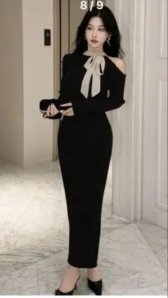 エレガントなコントラストカラーリボンセーターワンビース