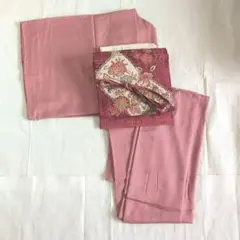 正絹色無地ちりめん地紋袷【カシミアピンク色無地】紬名古屋帯/帯締め/帯揚げのサムネイル