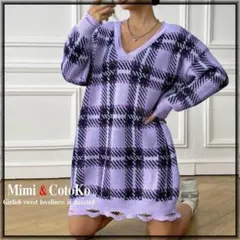 【Ｆ/～3L4L】ダメージ＆Ｖネック　チェック柄ニット ロング丈チュニックOP紫