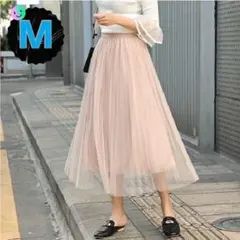 チュールスカート M ベージュ プリーツスカート 韓国ファッションロングスカート