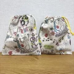 コップ巾着袋　スカル柄　２点セット　キナリ　綿麻