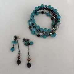ターコイズ・ブラック・ラップブレスレットとピアスセット　ターコイズ