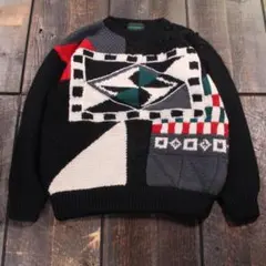 古着　３Dニット　立体編みセーター　幾何学模様　９０s ブラック　M ウール　黒
