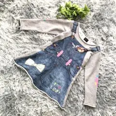 Lee【130】デニム絵 ワンピース 長袖￼ 刺繍 グレー 日本製 かわいい