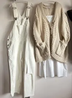 チマラ　オーバーオール ビンテージ加工 デニム　ホワイトデニム 可愛い