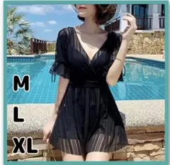 【M】新品　レディース　ワンピース水着　ブラック　黒　透け感　フレア袖　可愛い♡