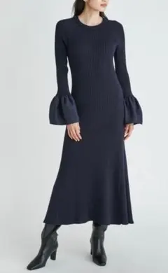 Mila Owen 袖布帛ドッキングAラインリブニットワンピ ネイビー