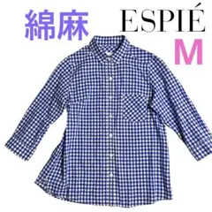 美品！ギンガムチェック　ブルー格子　綿麻　七分袖　レディースM