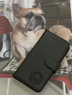 iphone13ブラックフレンチブルドック焼印手帳ケース